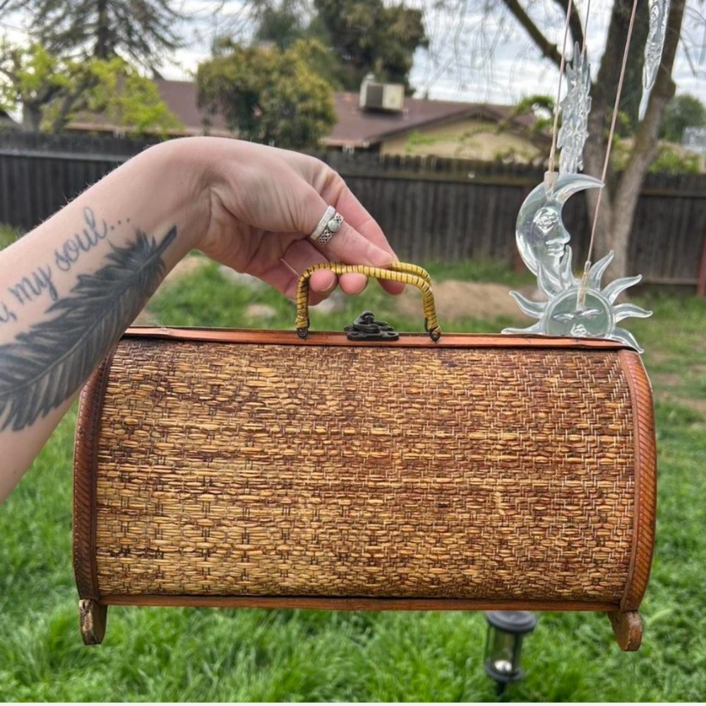 Vintage 1950s Woven Handbag with Bamboo Handle